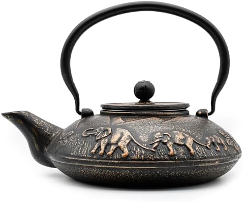 Zen Minded Traditional Japanese Cast Iron Tetsubin Stovetop Teakettle Teapot with Stainless-steel Mesh Loose-leaf Filter for Green Tea & Infusions 1.1L Elephant Pattern - Black & Gold by zenminded