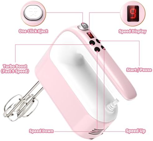 Yomelo 9-Speed Digital Hand Mixer Electric, 400W Powerful DC Motor, Hand Mixer Electric Handheld with Snap-On Storage Case, 5 Stainless Steel Accessories, Beaters, Dough Hooks, Whisk(Pink/White) - Image 2
