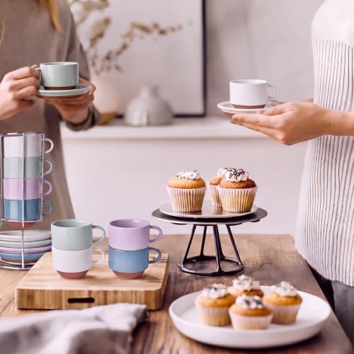 Sweese 2.5 oz Stackable Coffee Cups with Saucers and Metal Stand Set of 4 - Image 4