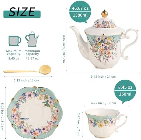 TATSUMI Country Roses Porcelain Tea Set, European Ceramic tea set for adults,Vintage Style, For Women and Tea Parties (Dutch Blue, 13 Pieces Set) - Image 2