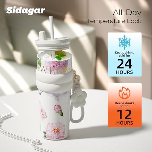 24 oz Ceramic Lined Insulated Stainless Steel Tumbler, Floral White - Image 5