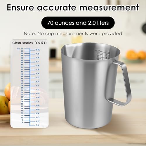 1 Pcs 2L/70 oz Large Stainless Steel Pitcher with Lid, Metal Measuring Cup with Handle & Scales, Wide Mouth Graduated Beakers, Milk Frothing Jug Metal Pitcher for Coffee Latte Art, Hot/Cold Water - Image 4