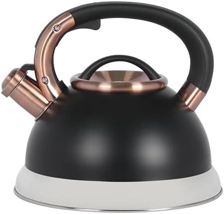 Mr. Coffee Flintshire 2.2 Quart Large Whistling Stainless Steel Tea Kettle, Matte Black with Copper Accent, Stovetop Fast-Boil Tea Pot by MrCoffee