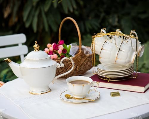 ACMLIFE Tea Sets for Adults Fine Bone China Tea Set for 6, Porcelain Teapot Sets for Adults 24K Gold, Afternoon Modern Cups and Saucers for Women Tea Party or Gifts Giving (White) - Image 5