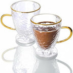 Sister.ly Drinkware Hammered Double Wall Glass Coffee Cups – Set of 2, 12oz – Insulated Glass Mugs with Gold Rim & Handle – Elegant Clear Coffee Cups for Latte, Espresso, Tea, Irish Coffee by SisterlyDrinkware