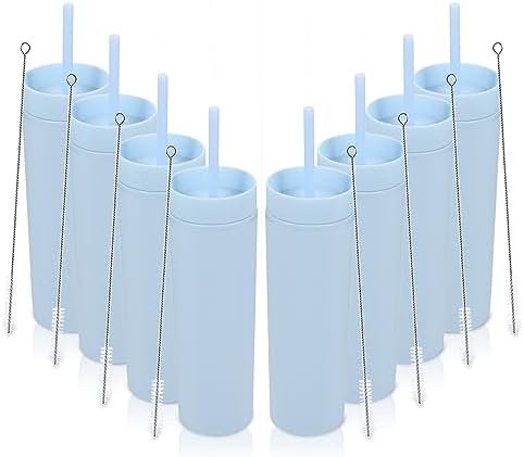 Volhoply 16oz Plastic Skinny Tumbler with Lid and Straw Bulk 8 Pack,Insulated Double Wall BPA Free Matte Acrylic Tumblers,Iced Coffee Travel Mug Reusable Party Cup,Customizable Diy Gifts(Blue,8 Set) by LiveFully%EF%BC%8CDrinkFreely%E2%80%94KeepGoingwithVolhoply%EF%BC%81