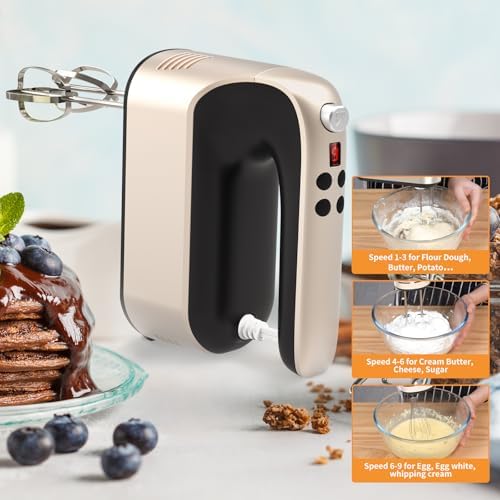 Yomelo 9-Speed Digital Hand Mixer Electric, 400W Powerful DC Motor, Hand Mixer Electric Handheld with Snap-On Storage Case, 5 Stainless Steel Accessories, Beaters, Dough Hooks, Whisk(Champagne Gold) - Image 7