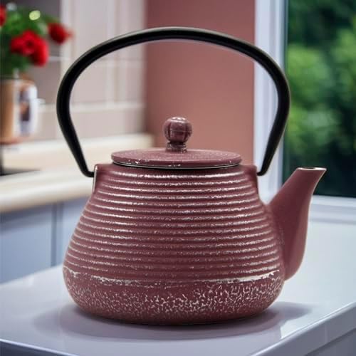 20.3oz Small Cast Iron Teapot, SECHUDO Tea Kettle for Stovetop Safe Coated with Enameled Interior, Tea Pot with Stainless Steel Infuser for Loose Tea (Pink Pinstripe Pattern) - Image 2