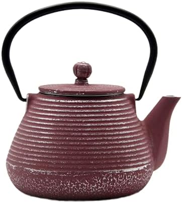 20.3oz Small Cast Iron Teapot, SECHUDO Tea Kettle for Stovetop Safe Coated with Enameled Interior, Tea Pot with Stainless Steel Infuser for Loose Tea (Pink Pinstripe Pattern) by SECHUDO
