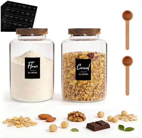 67 oz Glass Food Storage Jar with Wood Lids Spoon Set of 2,Glass Canister Borosilicate Glass Food Containers for Ground Coffee Beans Nut Pasta Sugar Candy Spice Rice Tea (2000ml/67oz-2 Pack) by Foyofly