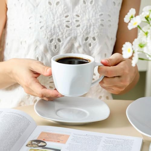 6.5 Ounce Porcelain Espresso Cups and Saucers Set of 6, Ceramic Cappuccino Demitasse Mugs Square Stackable Coffee Cup with Saucer Set for Coffee Drink, Espresso, Latte, Cafe Mocha and Tea Party, White - Image 3