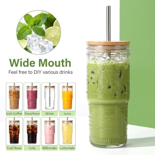 24 oz Glass Cups with Bamboo Lids and Straws,Glass Iced Coffee Tumbler - Image 4