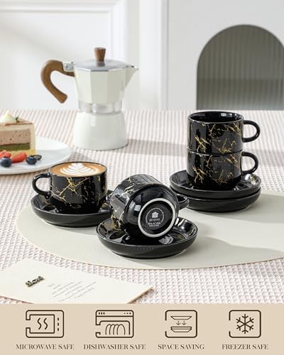 MALACASA 4 OZ Porcelain Espresso Cups with Saucers and Metal Stand Set of 4, Stackable Cappuccino Cups, Marble Black Expresso Shots Cup Set for Coffee Drinks, Latte, Tea - Image 4