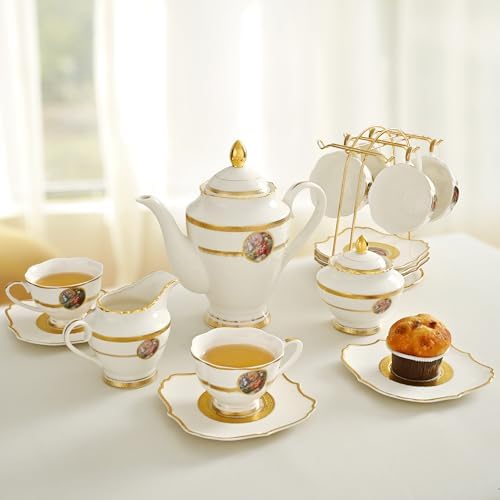 Luxury White & Gold Embossed Tea Cups and Saucers with Teapot, Sugar Bowl, & &Creamer, Vintage European Porcelain Coffee Set for Tea Party, Wedding, Gift (Gole & Rose, 17pcs/set) - Image 5