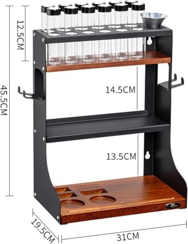 Wall-Mounted Coffee Bean Cellars, 3-Tier Wood Coffee Tool Storage Stand, with 12 Pcs Single Dose Glass Tubes, Capacity of A Single Bottle 22-25g, with Hopper, for Kitchen - Image 5