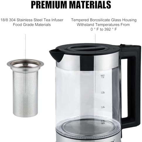 APOXCON Electric Kettle for Boiling Water 1.8L Tea Kettle with Removable Infuser, Borosilicate Glass Water Boiler with LED Light, Automatic Shut Off, Boil-Dry Protection, Cordless Serving & BPA Free - Image 2
