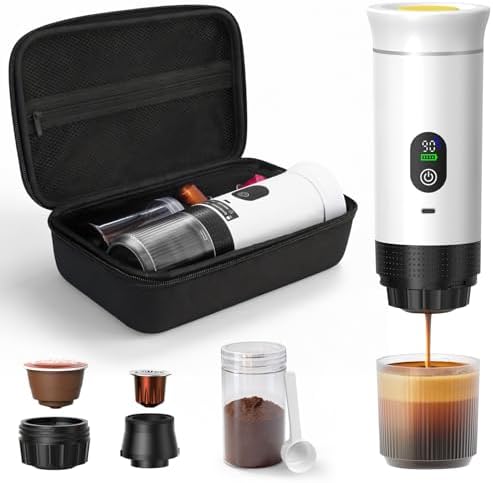Portable Coffee Maker for Travel & Camping, Portable Espresso Maker with Bag, Rechargeable Cordless Battery Operated Coffee Makers for Ground Coffee, NS Capsule RV, Hiking, Office(White) by Unknown