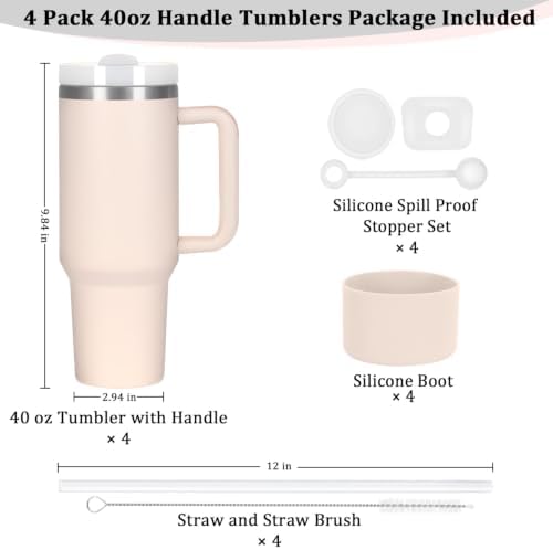 4 Pack 40 Oz Tumbler with Handle Bulk, Double Wall Vacuum Insulated Stainless Steel Tumbler with Lid and Straw, 40 oz cup with Silicone Spill Proof Stopper Set (Rose Quartz) - Image 3