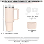 4 Pack 40 Oz Tumbler with Handle Bulk, Double Wall Vacuum Insulated Stainless Steel Tumbler with Lid and Straw, 40 oz cup with Silicone Spill Proof Stopper Set (Rose Quartz) - Image 3