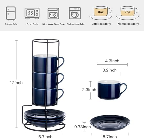 8 OZ Porcelain Stackable Cappuccino Cups and Metal Stand Set of 4 - Image 2