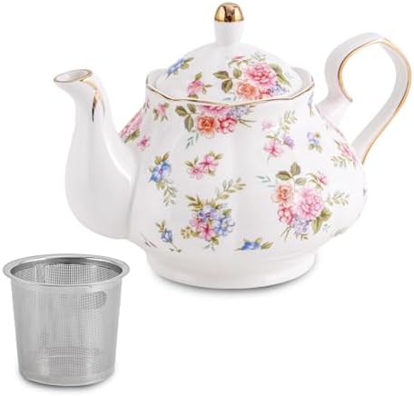 Small Ceramic Floral Teapot，22oz Tea Pot with Infuser for Blooming and Loose Tea, Coffee，milk (Little flowers, With tea strainer) by Unknown