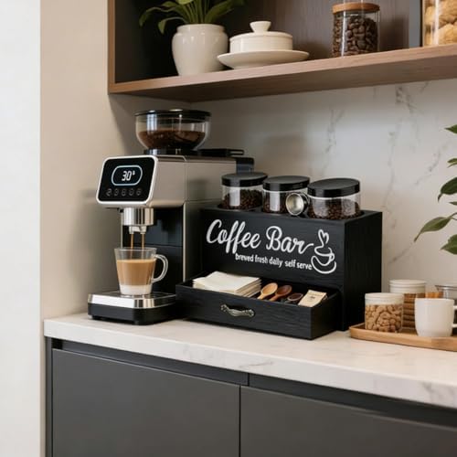 DICOSMETIC 1Set Wood Coffee Bar Container Black Coffee Bean Canister Storage Station with Shelf Coffees Storage Box with Drawer for Spoon Jar Nuts Sugar Kitchen Home - Image 5