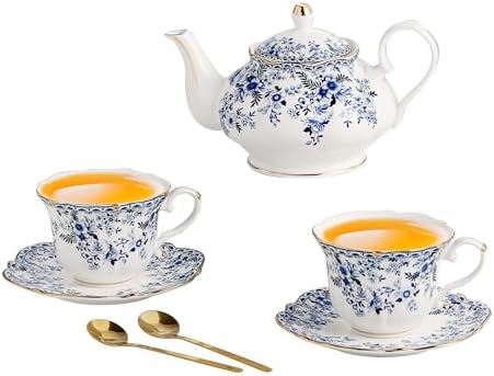 European Ceramic tea set for one or two,Porcelain Gift Tea Set For Women and Tea Party. (Blue, 1 teapot and 2 tea cup sets) by Unknown