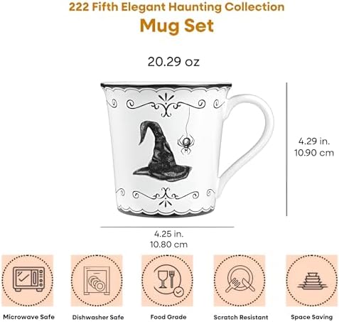 222 Fifth Elegant Haunting 4-Piece White Porcelain Halloween Mug Set - Witch Hat, Jack-o’-Lantern, Potion Bottles & Spider - 20.29 oz, Large Capacity Coffee Cups, Dishwasher & Microwave Safe - Image 3