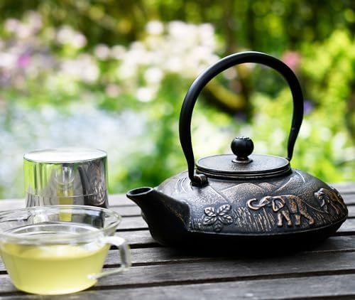 Zen Minded Traditional Japanese Cast Iron Tetsubin Stovetop Teakettle Teapot with Stainless-steel Mesh Loose-leaf Filter for Green Tea & Infusions 1.1L Elephant Pattern - Black & Gold - Image 7