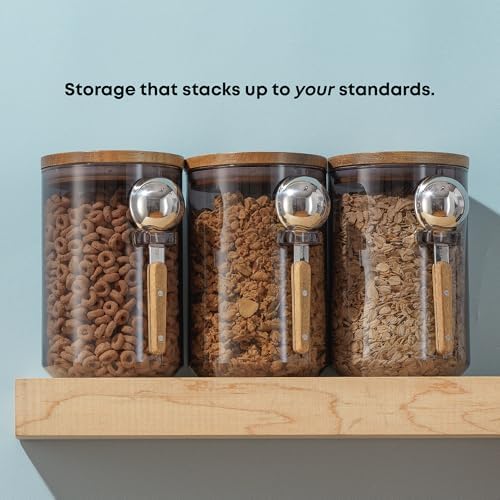 JoyJolt Holden 32oz Stackable Glass Storage Containers with Lids and Scoops, Airtight Food Canister Set of 3 w/Acacia Wood Lids, Round Stacking Pantry and Kitchen Containers w/Scoop | Smoke - Image 5