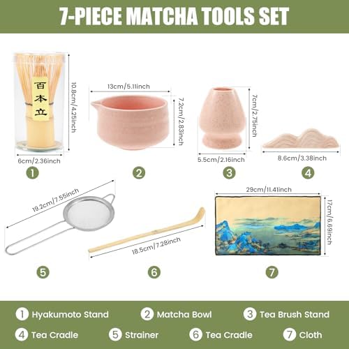 7 Pcs Matcha Whisk Set Pink, Ceramic Matcha Set Includes Matcha Bowl, Matcha Whisk And Holder, Bamboo Scoop, Scoop Rest, Sifter And Tea Towel Tea Making Kit Gift for Matcha Lovers (Spray pink) - Image 2