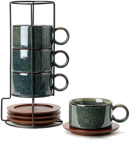 LUKA 6 Ounce Porcelain Stackable Espresso Cups with Saucers and Metal Stand Set of 4, Ceramic Cappuccino Cups Set for Specialty Coffee Drinks, Latte, Cafe Mocha and Tea, Kiln Tide Glaze by LUKA