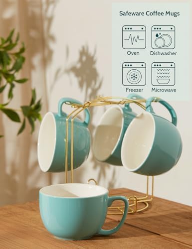 Teocera Turquoise Coffee Mugs Set of 4, 16 oz Ceramic Coffee Mug, Large Mug Set with Handle for Cold or Hot Drinks like Cocoa, Milk, Latte, Fruit Cereal, Long-lasting Porcelain with Modern Design - Image 4