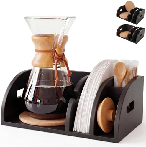 3-in-1 Chemex Caddy with 2 Cork Mats, Coffee Filters/Accessories Organizer, Pour-Over Station, Black Bamboo by Unknown