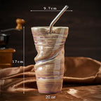 Ceramic Cup with Straw, Vintage Porcelain Coffee Mug, Handmade Mugs for Espresso Latte drink, Handleless, Dishwasher & Microwave Safe, large capacity - 16oz Brown - Image 2
