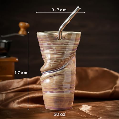 Ceramic Cup with Straw, Vintage Porcelain Coffee Mug, Handmade Mugs for Espresso Latte drink, Handleless, Dishwasher & Microwave Safe, large capacity - 16oz Brown - Image 2