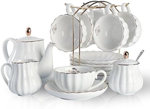 Sweejar Porcelain Tea Sets British Royal Series, 8 OZ Cups& Saucer Service for 6 and 3 Tier Ceramic Cake Stand Cupcake Stand and Foldable Tea Cups Display Stand Espresso Cups Holder - Image 2