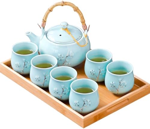 Japanese Tea Set with 1 Teapot(23 oz/660ml), 6 Tea cups(5.3 oz/150ml), 1 Tea Tray, 1 Stainless Infuser, Golden plum blossom relief,Chinese gungFu tea set (Golden plum-Blue) by REOWONU