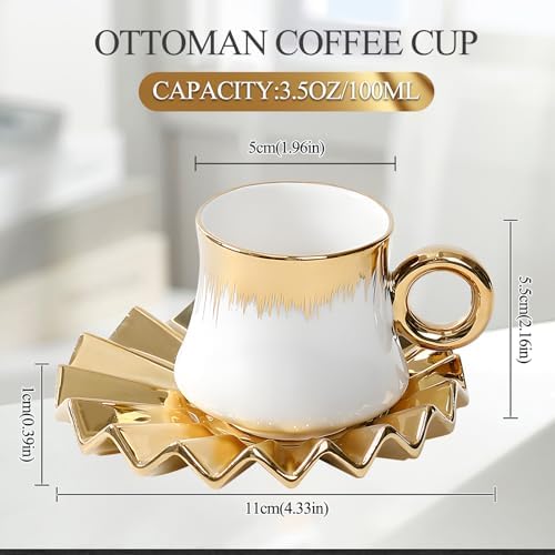 3.5oz Ceramic Turkish Coffee Cup Set of 6, Porcelain Espresso Cups and Saucers British Italian Cappuccino Cups with Gold Trim for Double Espresso Cappuccino Latte Mocha Tea (White) - Image 3
