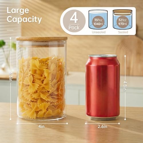 32 oz Round Glass Food Storage Containers with Airtight Bamboo Lids, 4 Pack - Image 3