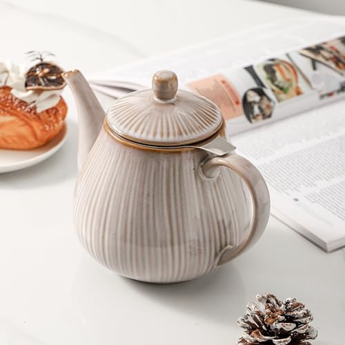 HVH 40 oz Porcelain Teapot with Stainless Steel Infuser, Ceramic Tea pot with Infuser for Loose Tea, Enough For 6 Cups, Striped Series (Sand Color) - Image 2