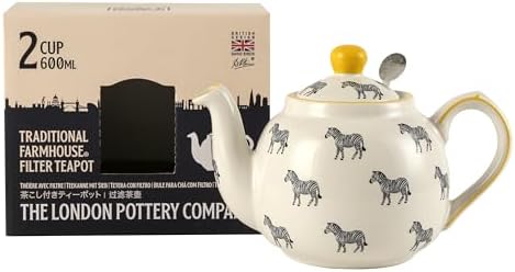 Farmhouse Animal Pattern Teapot with Infuser for Loose Leaf Tea, 20.3 Fl oz (600ml), White with Animal Illustration (Zebra) by LondonPottery