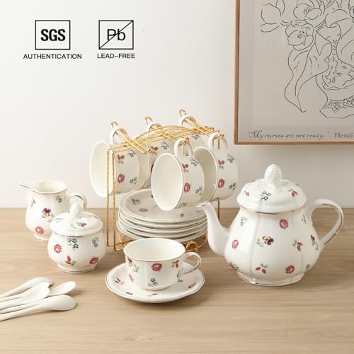 Sweejar 23 Pcs Floral Tea Sets with Metal Holder, Relief Gold Rim Porcelain Tea Sets for Adults, Cup and Saucer Set for 6, with Teapot, Sugar Bowl, Milk Jug, Spoons (Garden) - Image 2