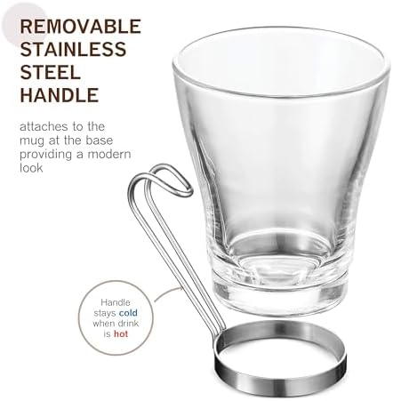 Bormioli Rocco OSLO Glass Coffee Mug - 7 ½ Ounce Espresso Cups (4 Pack) with Metal Handle Perfect Tea Glasses for hot and cold beverages, Thermal Shock Resistant, Tempered Glass, for Latte, Cappuccino - Image 2