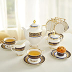 Luxury White & Gold Embossed Tea Cups and Saucers with Teapot, Sugar Bowl, & &Creamer, Vintage European Porcelain Coffee Set for Tea Party, Wedding, Gift (Gold&Navy Blue, 17pcs/set) - Image 5