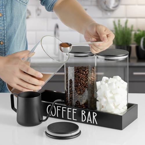 Glass Coffee Canister for Ground Coffee - 3Pcs 45oz Coffee and Sugar Container Set with Airtight Bamboo Lids and Black Tray - Farmhouse Coffee Bean Storage Jars for Coffee Bar Decor and Accessories - Image 3