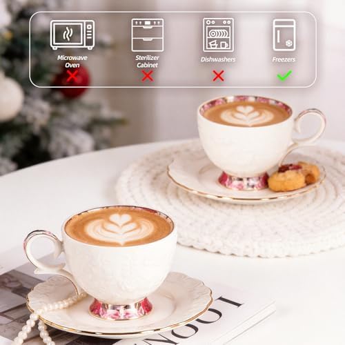 Tea Cups and Saucers Set of 2, 6.4oz Stackable Porcelain Coffee Cup, YFH13 - Image 7