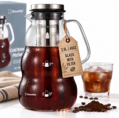 Wave Cold Brew Coffee Maker, 68 oz Glass Pitcher with Filter & Lid by BrewMOO