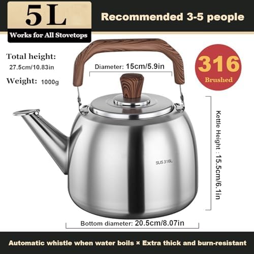 5l Modern Whistling Tea Kettle - Ergonomic 316 Stainless Steel Stovetop Kettle For Fast Boiling, Durable & Stylish, Perfect For Home Or Kitchen Use Sliver 5.3 Quarts - Image 4