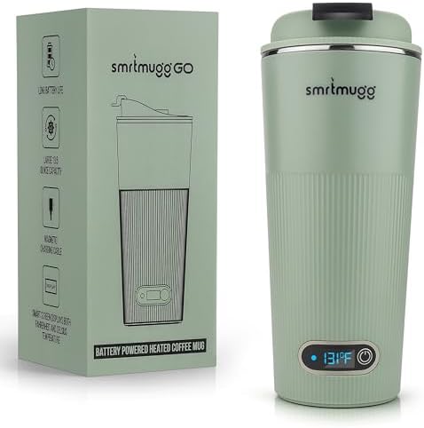 SmrtMugg GO Heated Coffee Mug, Travel Mug, 13.5 OZ. Smart Mug, Battery Powered Heated Coffee Mug, Great for Coffee and Tea, Snap on Magnetic Charging Cord, Adjustable Temperature (Mint Green) by SmrtMugg